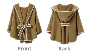 Front and back detail of hooded camel cape with white trim and waist tie belt