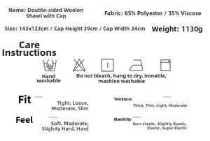 Detailed size chart and fabric specification for the hooded solid color poncho