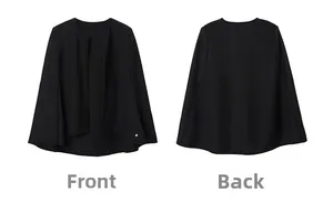 Front and back views of an elegant black sleeveless wool blend cape jacket for women