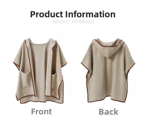 Front and back views of a beige plaid hooded poncho with brown trim and pockets