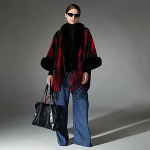 Women's red plaid shawl with black faux fur collar and fringe hem for winter style