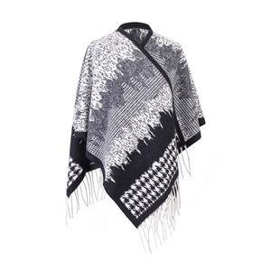 Houndstooth wool blend knit poncho with white tassels for women's autumn winter wear