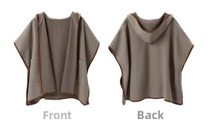 Detailed front and back view of a herringbone hooded poncho with dark brown binding