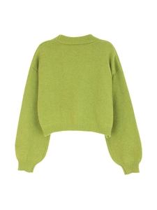 Detailed view of avocado green knit sweater with ribbed cuffs and cropped hemline