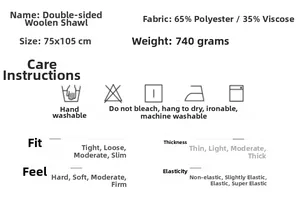 Specifications chart for double-faced woolen shawl with 65% polyester and 35% viscose material