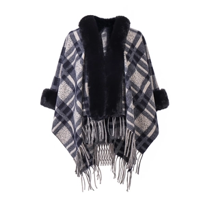 Navy blue plaid shawl poncho with faux fur collar and fringe hem for autumn winter style