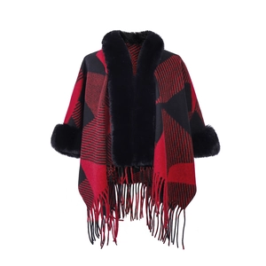 Winter red and black buffalo plaid poncho with fluffy black faux fur collar and tassels