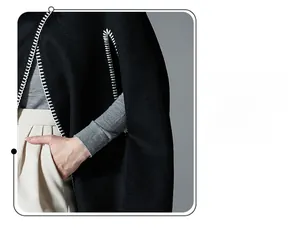 Detail shot of black woolen cape featuring white contrast stitching on edges