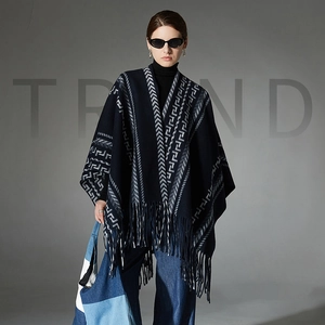 Women Vintage Geometric Pattern Knit Poncho Shawl With Tassels Thick Warm Winter Wrap Cardigan Navy Blue Ethnic Style Cape