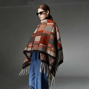 Fashionable camel wool plaid shawl with long fringes and classic check pattern for winter