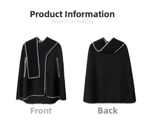 Detail of black double-sided cape with white contrast stitching and side slits