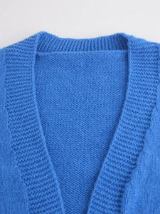 Close-up of bright blue V-neck knit cardigan showing detailed soft woven texture