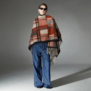 Caramel plaid wool shawl wrap with fringe edges for autumn and winter fashion