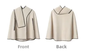 Front and back views of a beige wool cape with black whipstitch edges and scarf neck