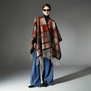 Elegant plaid shawl with long tassels in camel and charcoal grey for autumn winter