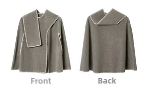 Detailed front and back view of brown knit poncho with white contrast stitching accents