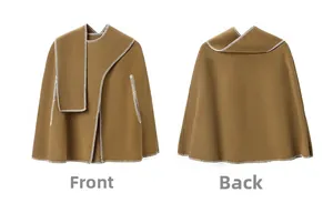 Front and back detail of a camel wool cloak with white contrast stitching accents