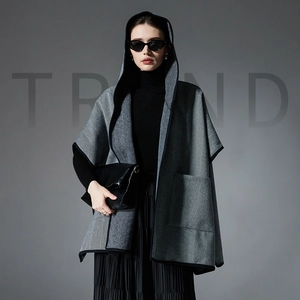 Women's Hooded Poncho Cape Herringbone Pattern Double-Sided Fabric Warm Winter Wrap Scarf With Pockets Loose Fit Cloak