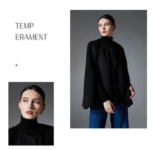 Detail view of a black wool blend sleeveless cape coat with minimalist round neckline