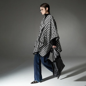 Classic black and white houndstooth poncho cloak with metal buckle closure for women