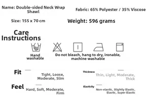 Size chart and washing instructions for the sleeveless double-sided wool cape scarf