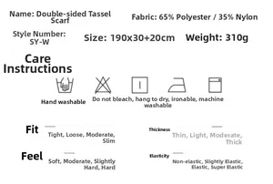 Detailed specifications for double-sided tassel scarf made of 65% polyester and 35% nylon