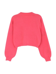 Rear view of a cropped pink knit sweater featuring ribbed cuffs and drop shoulder design