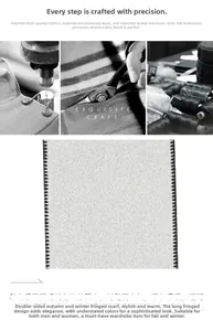 Detailed close-up of double-sided wool scarf fabric with fringe and craftsmanship steps