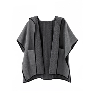 Women's grey herringbone hooded cloak cape with symmetrical pockets and black trim finish