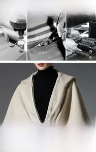 Exquisite craft details of a premium beige hooded wool blend cape for autumn and winter