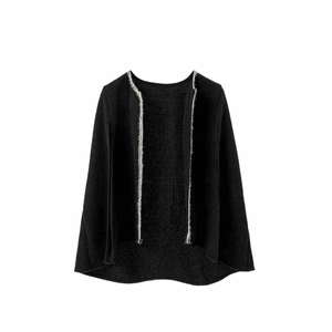 Elegant black knit cardigan with white gold tassel trim and open front queen style
