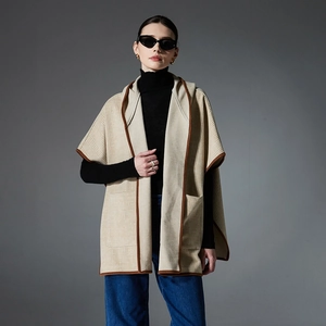 Women's plaid hooded shawl cardigan with contrasting trim and functional side pockets