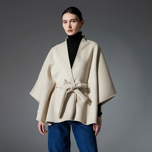 Elegant cream double-sided wool cape coat with waist belt and batwing sleeves