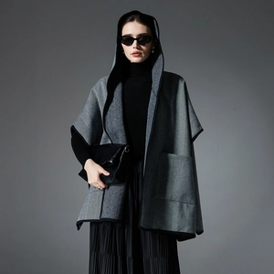 Gray herringbone hooded shawl with large pockets in premium wool blend for autumn