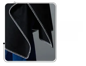 Detail of hand-stitched white blanket edge on black wool shawl with high-end texture