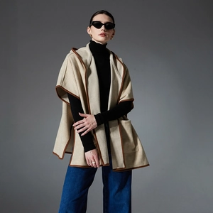 Chic beige plaid hooded shawl cape for women with dark brown trim for fall fashion