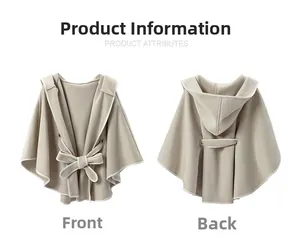 Front and back detail of hooded beige poncho wrap with large white bow tie accent