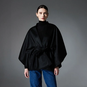 Elegant black double-sided wool cape coat with waist belt for women in winter season