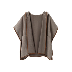 Women's autumn winter herringbone hooded poncho cape in brown wool blend fabric