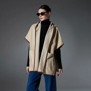 Women's plaid hooded shawl poncho with pockets and elegant brown piping trim
