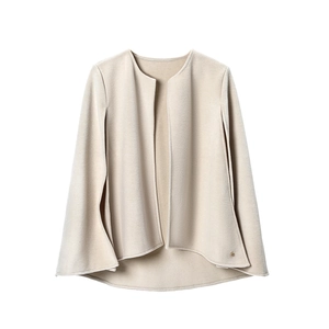 Minimalist beige wool blend shawl vest with elegant open front and gold logo detail