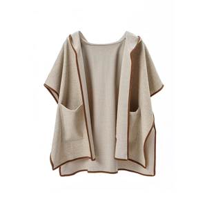 Women's plaid hooded poncho shawl in beige knit with contrast brown trim and pockets