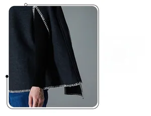 Detail of wool-blend cloak with decorative white blanket stitch finish and premium texture