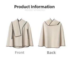 Front and back detail of beige woolen poncho featuring distinctive black stitch contrast edge