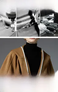 Exquisite craft detail of a camel hooded wool shawl with premium white stitching