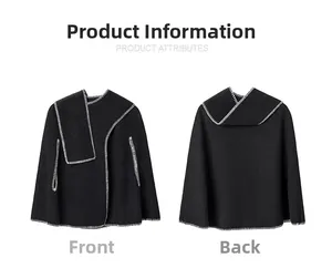 Front and back views of a black wool poncho with white contrast stitching details