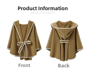 Detail view of khaki hooded cape coat with white trim and front bow tie closure