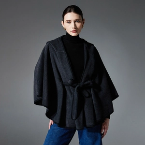 Women's charcoal grey hooded wool poncho cape with waist tie and black trim detail