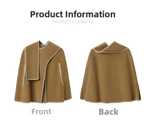 Front and back views of camel wool blend poncho with white whipstitch decorative edges