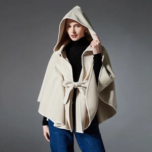 Elegant beige hooded poncho cape with contrast piping and a stylish waist tie for women